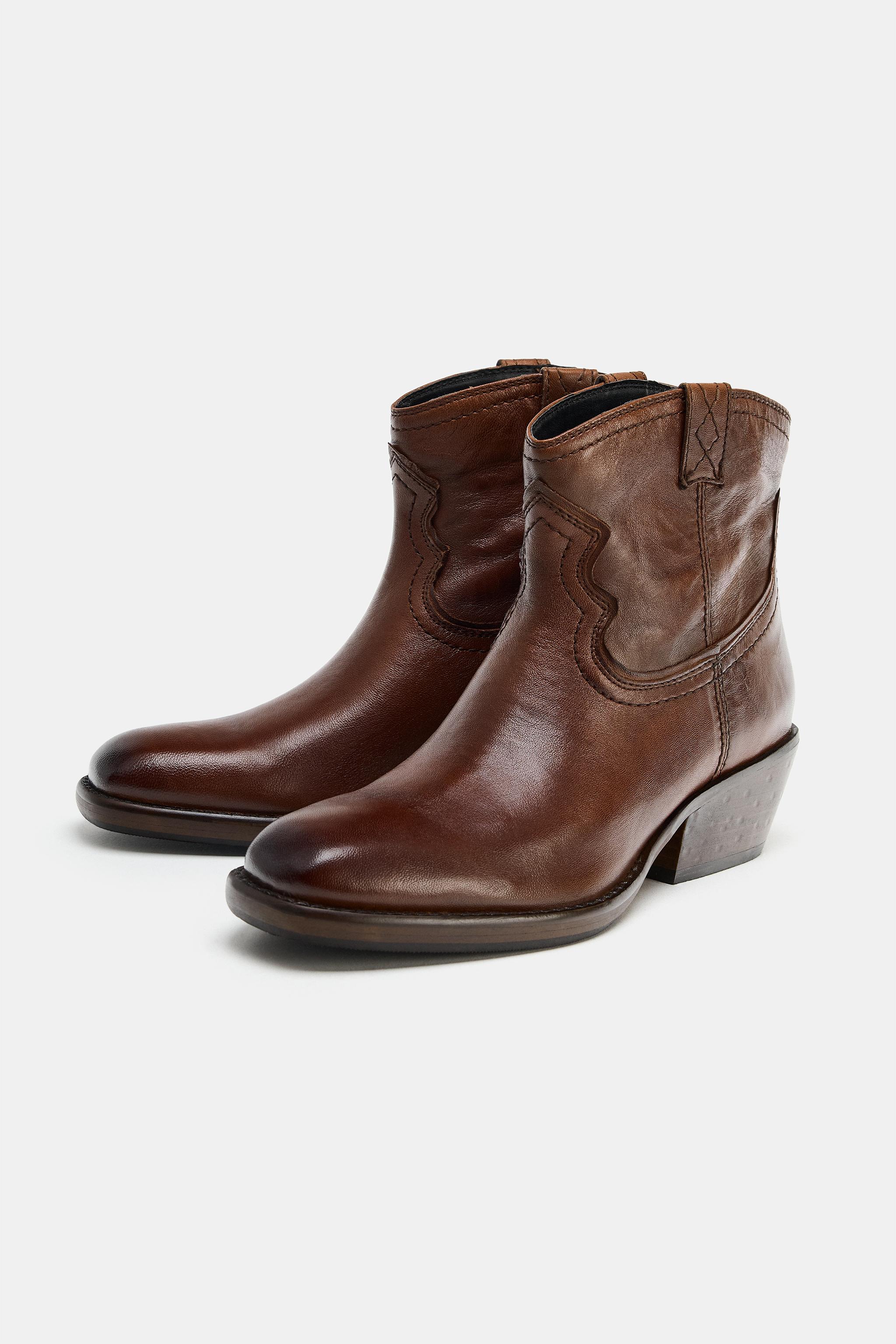 WORN EFFECT LEATHER COWBOY ANKLE BOOTS